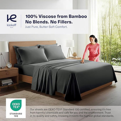 Kickoff Viscose Bamboo Sheets King Size 4-pc 100% Organic Bamboo Viscose Bed Cooling Sheets King Size Set Cool Bedding for hot Sleepers Sheet, Flat, Fitted, Pillowcases (Pewter,K)