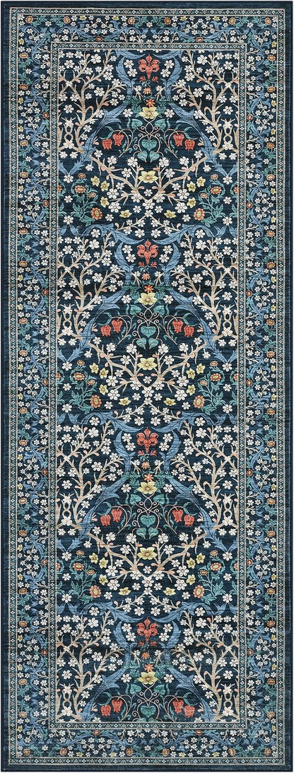 GarveeHome Floral Hallway Runner Rug Non-Slip, 2.5x10 Washable Rugs Ultra-Thin Soft Rug for Hallways, Kitchen Mat Stain Resistant Carpet for Entryway Bathroom, Dark Blue