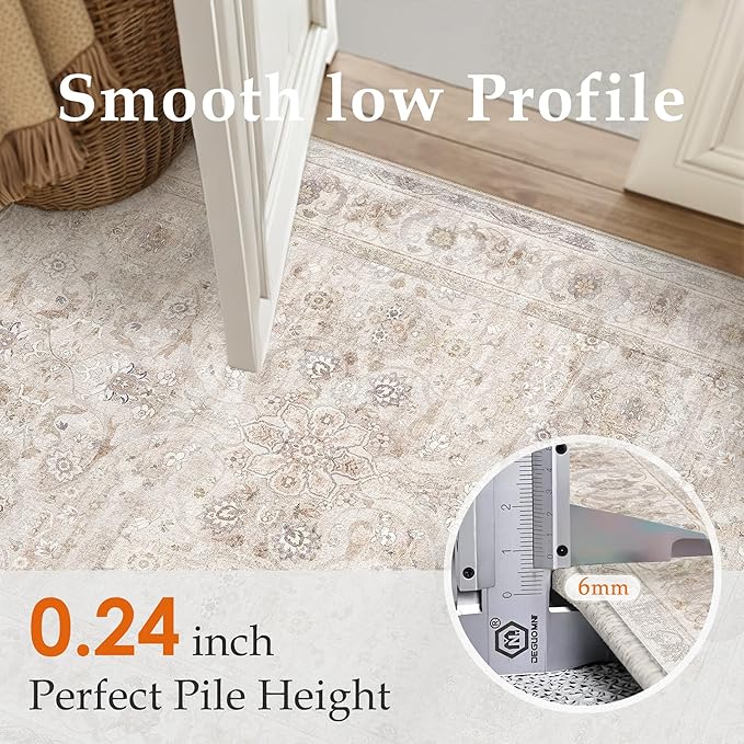 8x10 Area Rug Washable Living Room Vintage Beige Carpet Bedroom Large Indoor Non Slip Soft Low Pile Thin Stain Resistant Distressed Accent Throw Rug for Dining Office Nursery