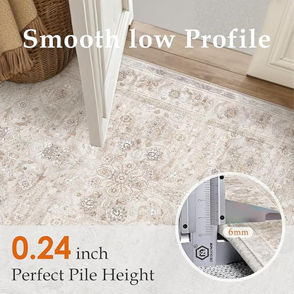 8x10 Area Rug Washable Living Room Vintage Beige Carpet Bedroom Large Indoor Non Slip Soft Low Pile Thin Stain Resistant Distressed Accent Throw Rug for Dining Office Nursery