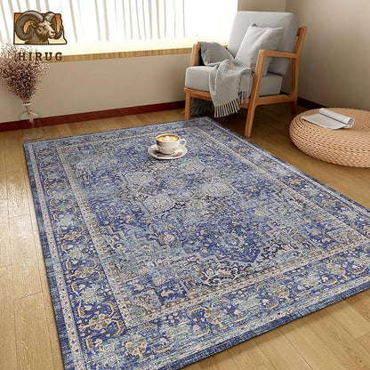 Washable Area Rug 4' x 6' Vintage Traditional Persian Mat - Foldable Distressed Non-Slip Machine Washable Carpet for Living Room Bedroom Kitchen Home Decor - Indigo and Gold