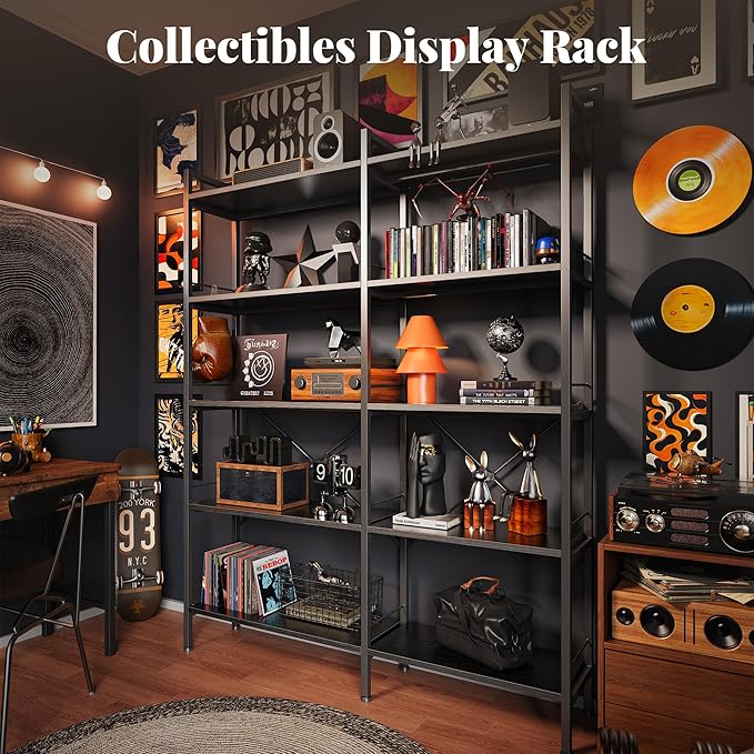 Huuger 5 Tier Bookshelf, L Shaped Corner Bookshelf with 10 Open Shelves, 49.4 Inch Straight Wide Bookcase with Metal Frame and Wooden Board, Adjustable Feet, Black