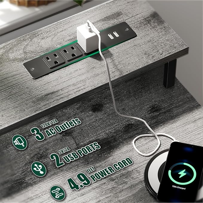 47 Inch Computer Gaming Desk with Power Outlets & LED Lights Reversible Home Office Desk with Adjustable 5 Fabric Storage Drawers for Working Writing Study, Grey