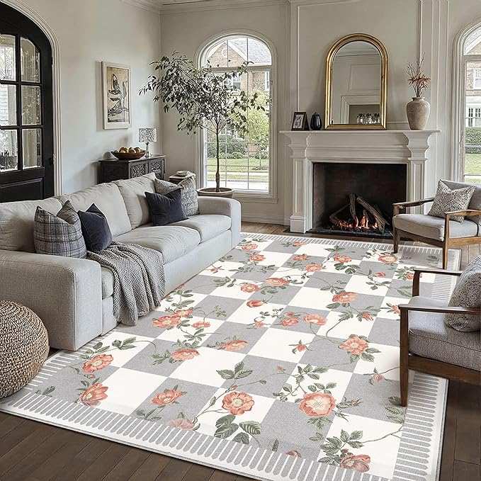 HUGEAR 8x10 Checkered Area Rugs Machine Washable Grey Large Living Room Rug Floral Print Non-Slip Stain Resistant Low Pile Indoor Throw Carpet for Bedroom Home Unique Aesthetic Modern Decor