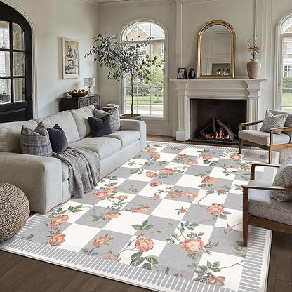 HUGEAR 8x10 Checkered Area Rugs Machine Washable Grey Large Living Room Rug Floral Print Non-Slip Stain Resistant Low Pile Indoor Throw Carpet for Bedroom Home Unique Aesthetic Modern Decor