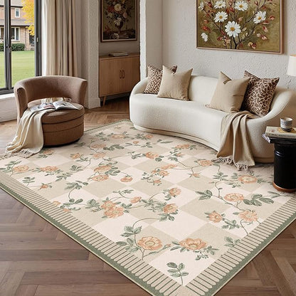 HUGEAR 5x7 Checkered Area Rugs Machine Washable Beige Living Room Rug Floral Print Non-Slip Stain Resistant Low Pile Indoor Throw Carpet for Bedroom Home Unique Aesthetic Modern Decor