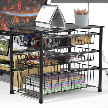 Simple Houseware 3-Tier Stackable Sliding Basket Storage Organizer Drawer for Bathroom and Kitchen, Black
