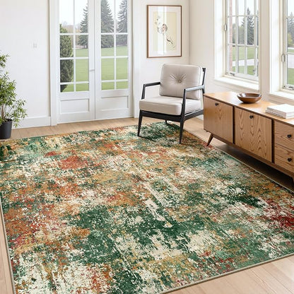 Washable Area Rugs 4'x6' Non-Slip Modern Abstract Soft for Living Room Entryway Bedroom Nursery, Print Pattern, Green Orange Rust Red Cream Colorful