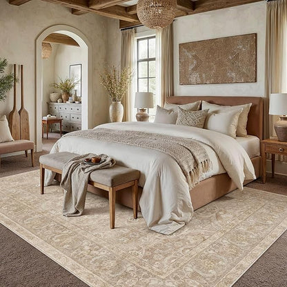 Brown 6x9 Area Rug Washable Vintage Living Room Carpet Bedroom Large Indoor Non Slip Soft Low Pile Thin Stain Resistant Distressed Accent Throw Rug for Dining Office Nursery