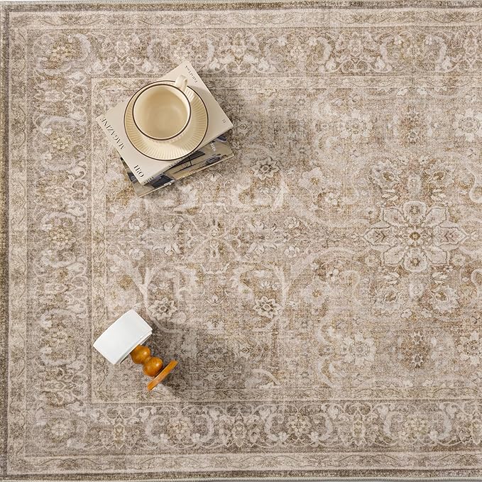 Brown 6x9 Area Rug Washable Vintage Living Room Carpet Bedroom Large Indoor Non Slip Soft Low Pile Thin Stain Resistant Distressed Accent Throw Rug for Dining Office Nursery