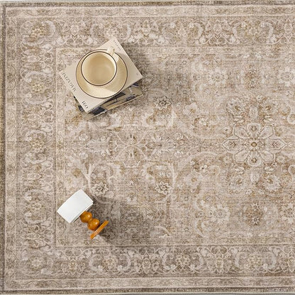 Brown 6x9 Area Rug Washable Vintage Living Room Carpet Bedroom Large Indoor Non Slip Soft Low Pile Thin Stain Resistant Distressed Accent Throw Rug for Dining Office Nursery