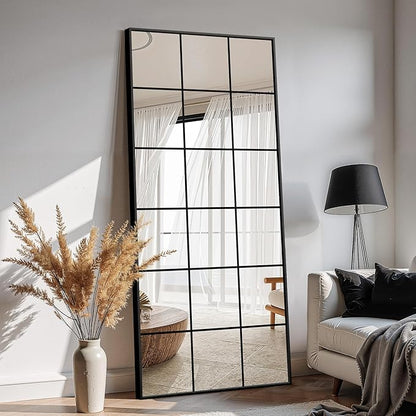 Large Window Pane Full Length Mirror for Wall, 70"x30" Oversize Black Full Body Wall Mirror for Living Room, Bedroom, Entryway, Hanging or Leaning