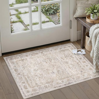 2x3 Area Rug Entryway Beige Washable Vintage Carpet Door Mat Small Indoor Non Slip Soft Low Pile Thin Stain Resistant Distressed Accent Throw Rug for Kitchen Bathroom Entrance Bedroom