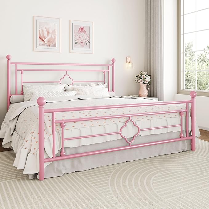 SHA CERLIN 14 Inches King Size Metal Platform Bed Frame/Vintage Iron-Art Headboard and Footboard/Mattress Foundation for Storage/No Box Spring Needed/Noise-Free/Easy Assembly/Pink