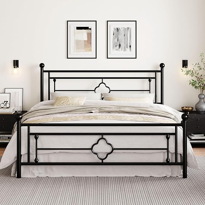 SHA CERLIN 14 Inches King Size Metal Platform Bed Frame/Vintage Iron-Art Headboard and Footboard/Mattress Foundation for Storage/No Box Spring Needed/Noise-Free/Easy Assembly/Black