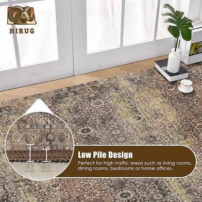 Washable Area Rug 6' x 9' Vintage Traditional Persian Mat - Foldable Distressed Non-Slip Machine Washable Carpet for Living Room Bedroom Kitchen Home Decor - Umber and Slate