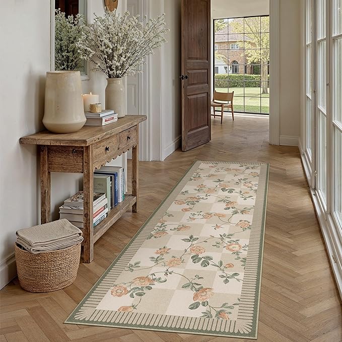 HUGEAR 2x6 Runner Checkered Rugs for Hallways Machine Washable Beige Long Carpet Floral Print Non-Slip Stain Resistant Low Pile Indoor Throw for Entrance Kitchen Bedroom Dining Laundry