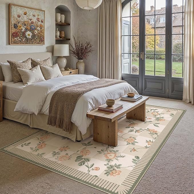 HUGEAR 5x7 Checkered Area Rugs Machine Washable Beige Living Room Rug Floral Print Non-Slip Stain Resistant Low Pile Indoor Throw Carpet for Bedroom Home Unique Aesthetic Modern Decor