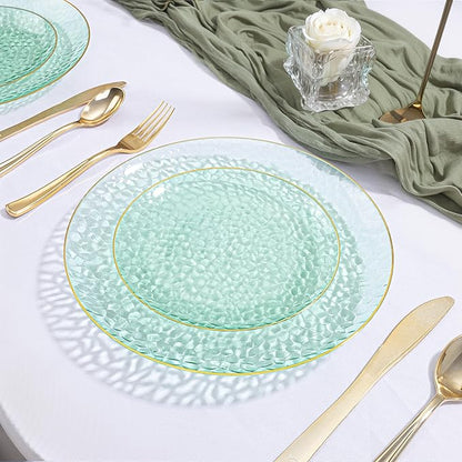 DaYammi 100PCS Green and Gold Plastic Plates - 10 inch Clear Green Gold Dinner Plates - Hammer Pattern Design - Fancy Disposable Platos - Heavy-Duty Party Platos Ideal for Wedding