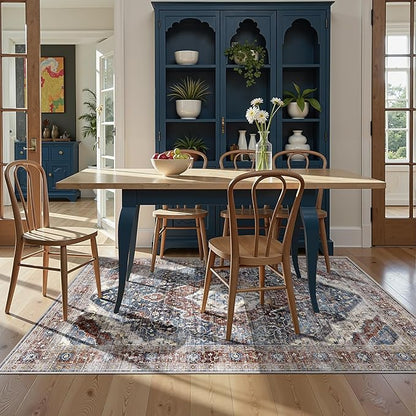 Rugs 5x7 Washable Rug, Non Slip Large Rug for Living Room Bedroom Dining Room, Low-Pile Kid & Pet Friendly Distressed 5x7 Carpet Print Floor (Border Brown/Navy Blue)