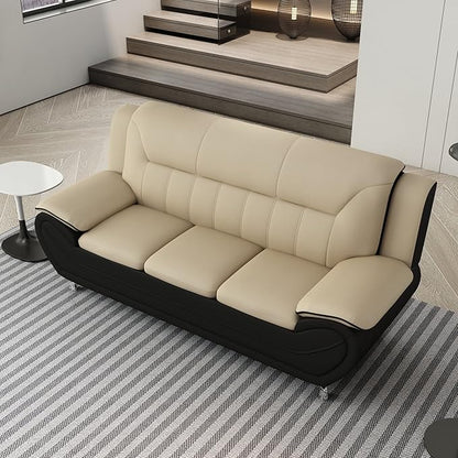 Container Furniture Direct Michael Modern Faux Leather Upholstered Stainless Steel Legs Living Room Sofa, Camel/Black