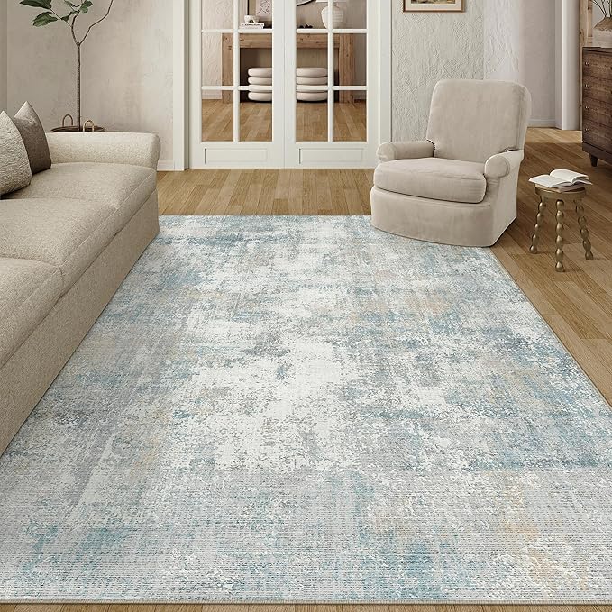 6x9 Washable Area Rug Blue Cream Modern Neutral Abstract Living Room Bedroom Indoor Floor Carpet Low Pile Soft Non-Slip Lightweight Vacuumable Throw Rug for Nursery Dining Room Office