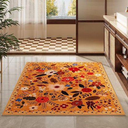 Rugcomf Bedroom Rug 3x5 Rug Washable Area Rug Non Slip Low Pile Boho Floral Small Carpet for Bedroom, Bedside, Kitchen, Entryway, Kids Room, Office, College Dorm Essentials for Girls(Yellow)