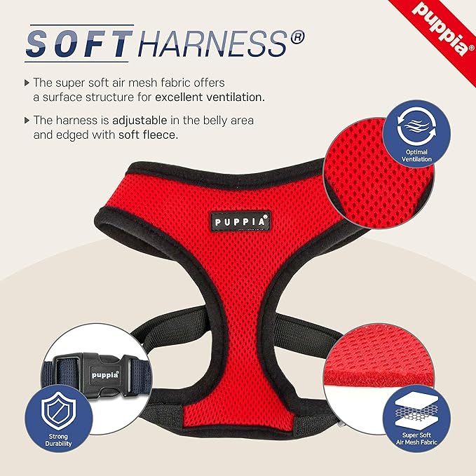 Puppia Soft Dog Harness No Choke Over-The-Head Triple Layered Breathable Mesh Adjustable Chest Belt and Quick-Release Buckle, Sky Blue, Large