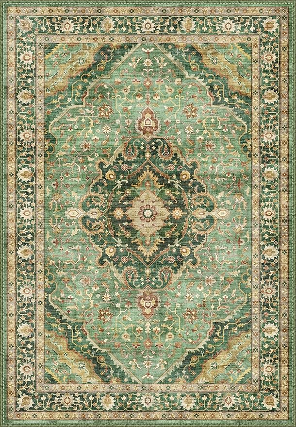 Green Rug 5x8 Area Rugs for Bedroom Washable Rugs Boho Vintage 5x8 Rug for Living Room Carpet Non-Slip Family & Pet Friendly Print Floor Rug(Border Green)