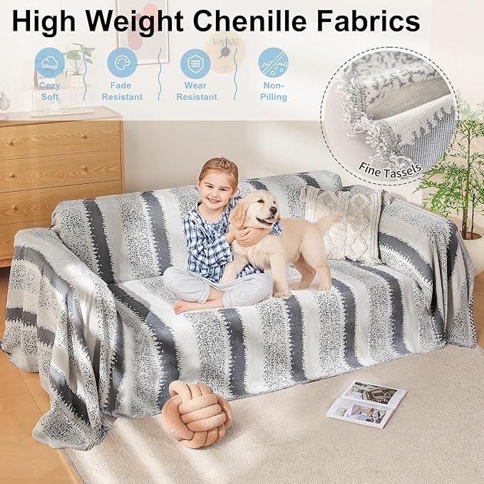 Boho Couch Cover, Sofa Covers for 3 Cushion Couch, Couch Cover for Dogs Washable Sectional Couch Covers L Shape Furniture Protecto (1# Grey, 71" x 134")