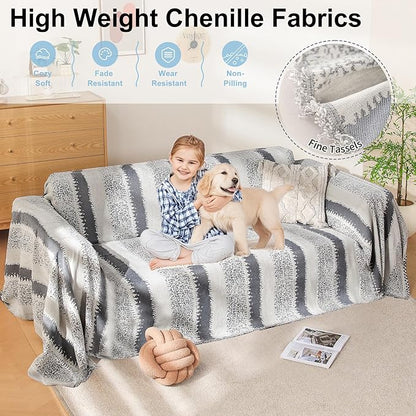 Boho Couch Cover, Sofa Covers for 3 Cushion Couch, Couch Cover for Dogs Washable Sectional Couch Covers L Shape Furniture Protecto (1# Grey, 71" x 134")