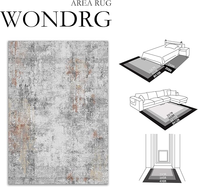 5x7 Washable Area Rug Grey Rust Modern Neutral Abstract Living Room Bedroom Indoor Floor Carpet Low Pile Soft Non-Slip Lightweight Vacuumable Throw Rug for Kitchen Dining Room