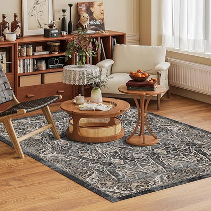 Washable Area Rug 6' x 9' Vintage Traditional Persian Mat - Foldable Distressed Non-Slip Machine Washable Carpet for Living Room Bedroom Kitchen Home Decor - Ebony and Taupe