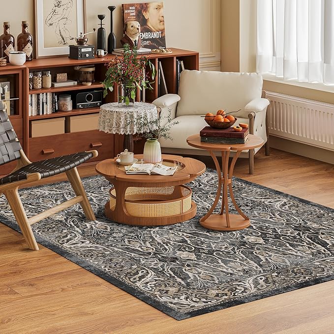 Washable Area Rug 3' x 5 ' Vintage Traditional Persian Mat - Foldable Distressed Non-Slip Machine Washable Carpet for Living Room Bedroom Kitchen Home Decor - Ebony and Taupe