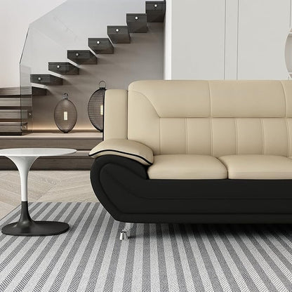 Container Furniture Direct Michael Modern Faux Leather Upholstered Stainless Steel Legs Living Room Sofa, Chair, Camel/Black