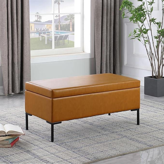 HomePop Upholstered Storage Bench with Metal Leg Home Décor|Bench with Storage for Living Room & Entryway - Faux Leather Brown
