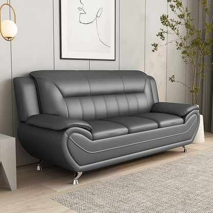 Container Furniture Direct Michael Modern Faux Leather Upholstered Stainless Steel Legs Living Room Sofa, Gray