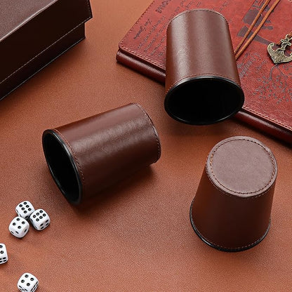 5X Dice Cup Set, PU Leather Dice Shaker Cups with 30 Dices for Bar Party Yahtzee Farkle Dice Games, Coffee (5, Brown)