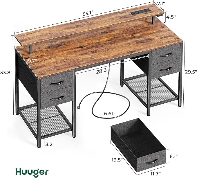 Huuger 55 inch Computer Desk with 4 Drawers, Gaming Desk with LED Lights & Power Outlets, Home Office Desk with Large Storage Space for Bedroom, Work from Home, Rustic Brown