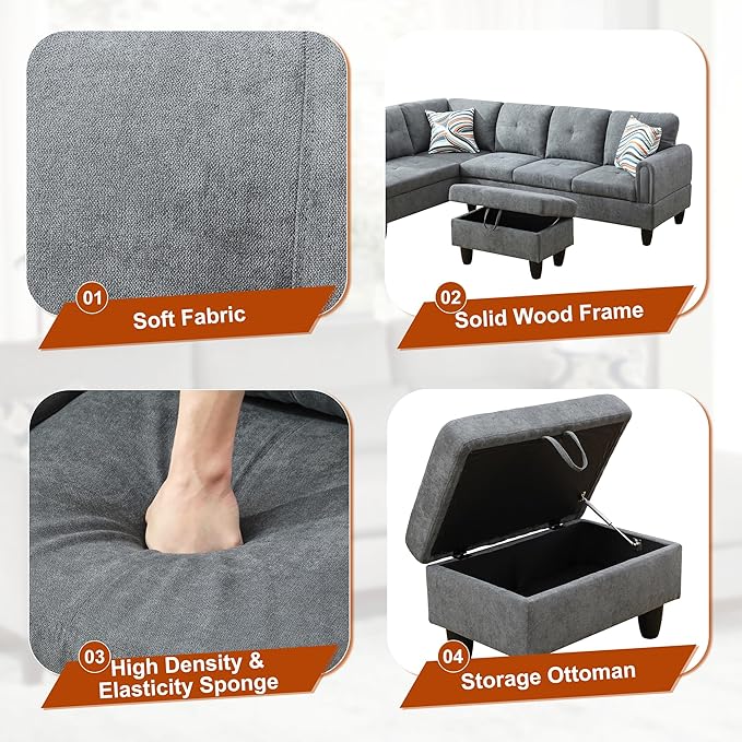 Osparple L Shaped Couch Sectional Couches for Living Room Upholstered Fluffy Fabric 3 Pieces Modular Sectional Sofa with Chaise, Ottoman with Storage for Living Room and Small Apartment, Dark Grey