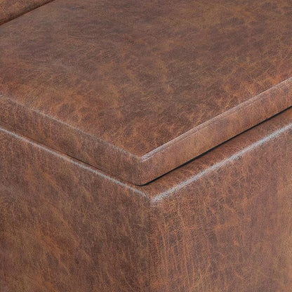 SIMPLIHOME Avalon Storage Ottoman - 42 inch Wide Upholstered Vegan Leather Rectangular Flip-Top Ottoman in Distressed Saddle Brown, Contemporary Coffee Table Ottoman for Living Room with Storage
