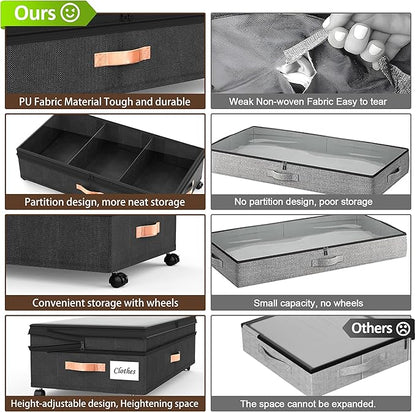 Under Bed Storage with Wheels - 2Pack 70L UnderBed Storage Containers with Clear Lid & Label, Rolling Under Bed Storage Bins for Clothes, Shoes, Blankets (XXL,Black)