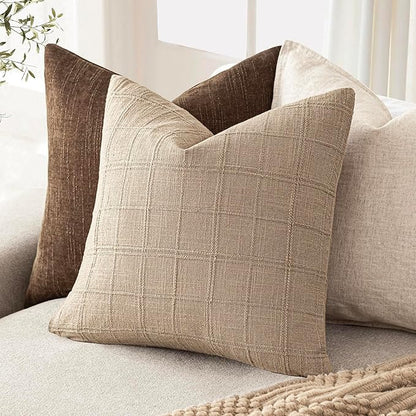 Foindtower Set of 2 Decorative Linen Check Throw Pillow Covers Neutral Farmhouse Vintage Cushion Covers Modern Coastal Boho Home Decor For Sofa Chair Couch Bedroom Living Room Outdoor,16×16 Inch,Camel