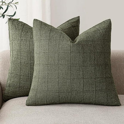 Foindtower Set of 2 Decorative Linen Check Throw Pillow Covers Neutral Farmhouse Vintage Cushion Covers Modern Boho Home Decor for Sofa Chair Couch Bedroom Living Room Outdoor,24×24 Inch,Olive Green
