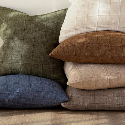 Foindtower Set of 2 Decorative Linen Check Throw Pillow Covers Neutral Farmhouse Vintage Cushion Covers Modern Boho Home Decor for Sofa Chair Couch Bedroom Living Room Outdoor,18×18 Inch,Tan Taupe