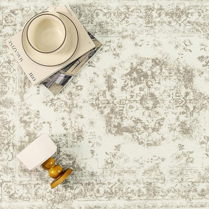 5x7 Washable Area Rug Brown Neutral Carpet for Living Room Bedroom Distressed Vintage Low Pile Soft Non-Slip Lightweight Vacuumable Throw Rug for Dining Room Office Kitchen Dorm