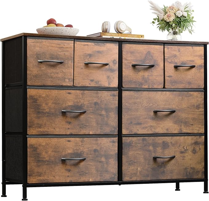 WLIVE Dresser for Bedroom with 8 Drawers, Wide Fabric Dresser for Storage and Organization, Bedroom Dressers, Chest of Drawers for Living Room, Closet, Entryway, Rustic Brown Wood Grain Print