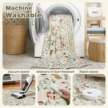 6x9 Area Rugs Washable Rug: Lagre Boho Living Room Rug Soft Non-Slip Thin Carpet Indoor Floor Non-Shedding Neutral Floral Carpets for Bedroom Dining Room Farmhouse Nursery Beige Animal