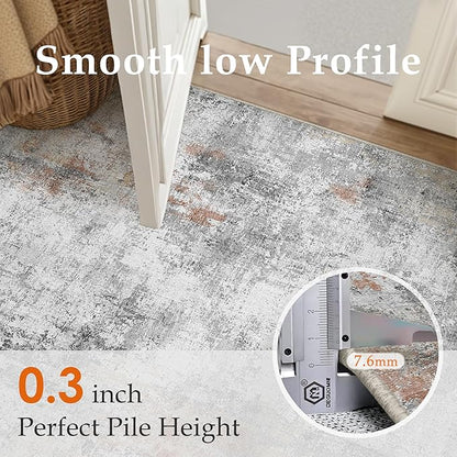 8x10 Washable Area Rug Grey Rust Modern Neutral Abstract Living Room Bedroom Indoor Floor Carpet Low Pile Soft Non-Slip Lightweight Vacuumable Large Throw Rug for Kitchen Dining Room