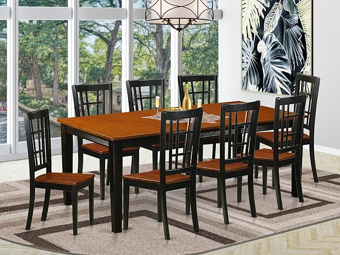 East West Furniture QUNI9-BCH-W 9 Piece Dining Room Table Set Includes a Rectangle Kitchen Table with Butterfly Leaf and 8 Dining Chairs, 40x78 Inch, Black & Cherry